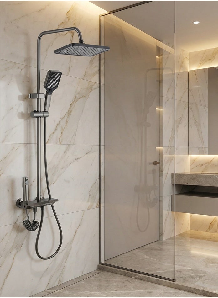 مودي نظام لوحة دش رمادي فاخر مع رأس دش مطري مربع ودش يدوي بخمس وظائف مصنوع من مادة ABS، وخلاط حراري مثبت على الحائط، مصنوع من الفولاذ المقاوم للصدأ ومادة ABS، سهل التركيب للحمام - Image 1